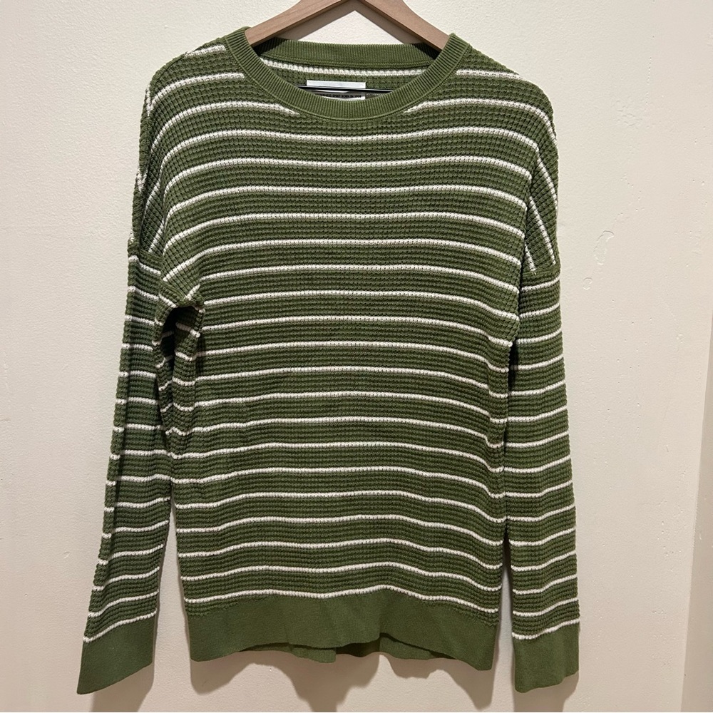 REI Green and White Striped Long Sleeve Waffle Knit Tee